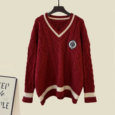 V-neck Cable Sweater Pleated Shirt Dress Two Pieces Set
