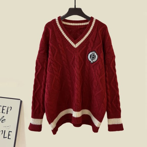 V-neck Cable Sweater Pleated Shirt Dress Two Pieces Set