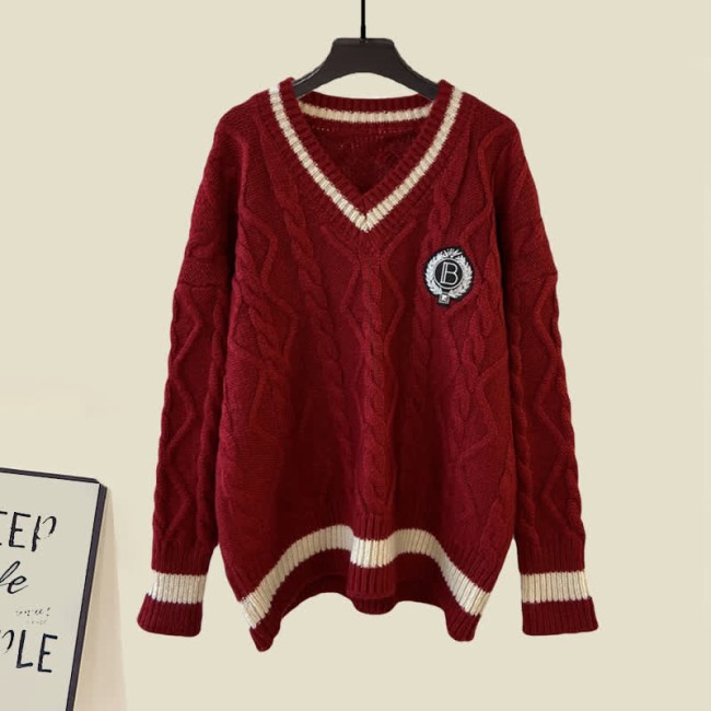 V-neck Cable Sweater Pleated Shirt Dress Two Pieces Set
