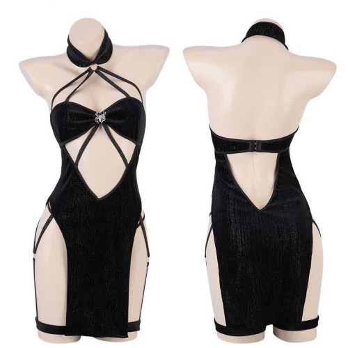 Hollow Out Lace Up Halter Cheongsam Dress Lingerie