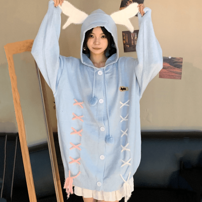 Antler Lace Up Hooded Loose Cardigan Sweater