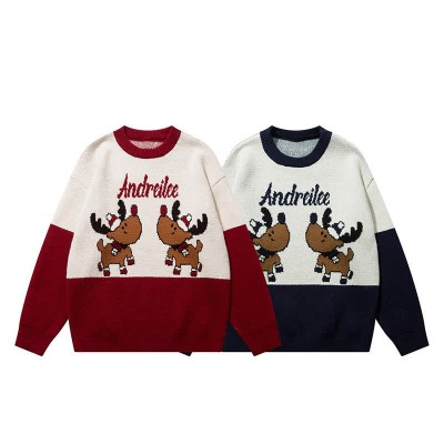 Deer Letter Print Colorblock Round Collar Knit Sweater