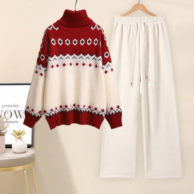 Colorblock Turtleneck Sweater Casual Pants Two Pieces Set
