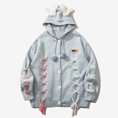 Antler Lace Up Hooded Loose Cardigan Sweater