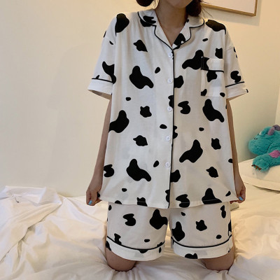 Cartoon Cow Print Pocket Casual Pajamas Set