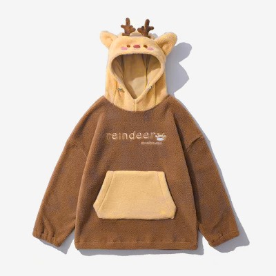 Reindeer Letter Embroidery Plush Hoodie