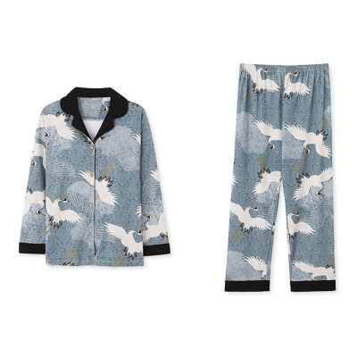 Crane Print Silk Pajamas Seven Pieces Set