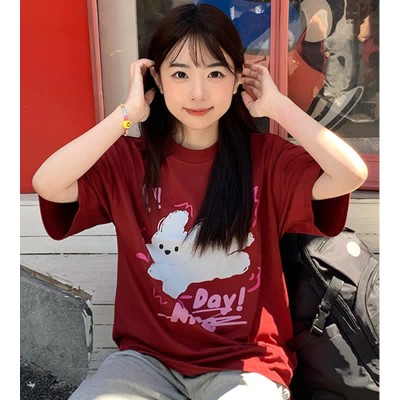 Cartoon Puppy Letter Print Round Collar Oversized T-Shirt