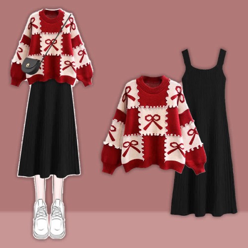 Bow Knot Print Colorblock Sweater Slip Dress Two Pieces Set
