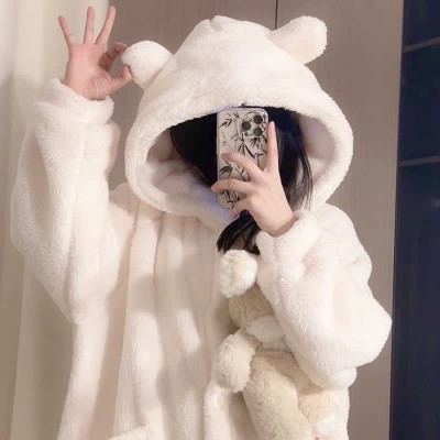 【50% OFF】Cartoon Bear Ears Plush Hooded Pajamas Dress