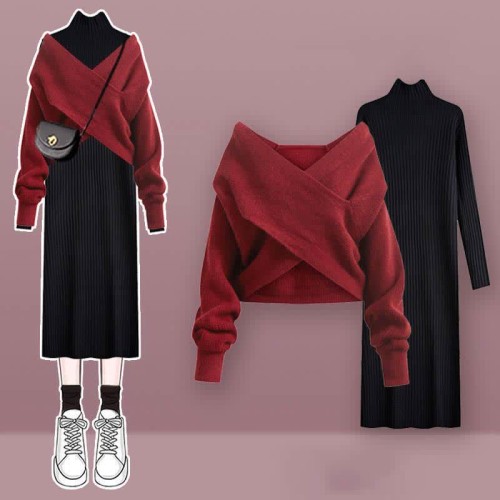 Pure Color Cross Knit Sweater Dress Two Pieces Set