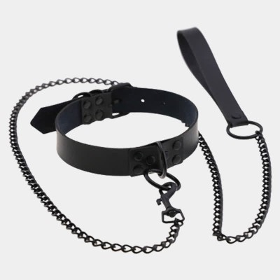 Dark Leather Collar With Chain Fashion Chocker