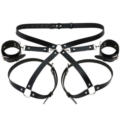 Hollow Out PU Leg Harness Lingerie With Handcuffs