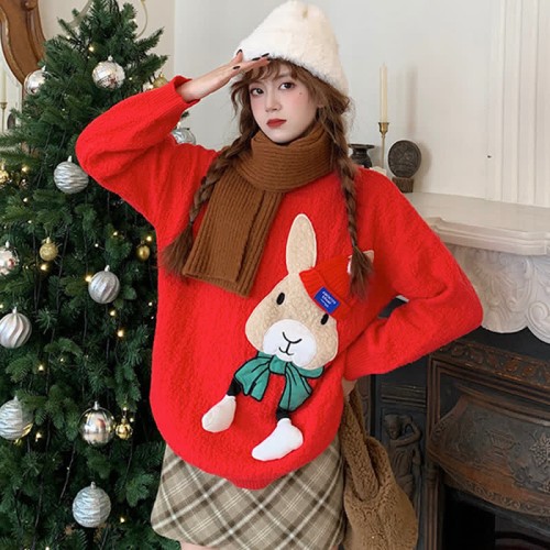 Cute Bunny Letter Print Round Collar Red Knit Sweater