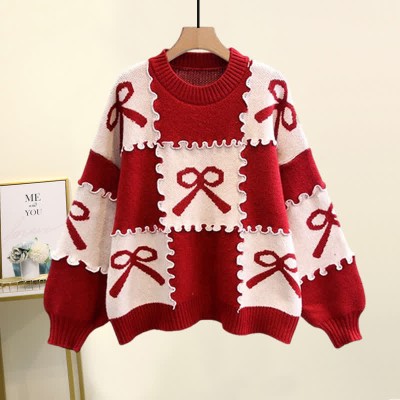 Bow Knot Print Colorblock Sweater Slip Dress Two Pieces Set