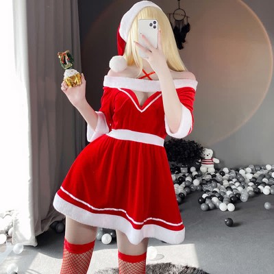 Hollow Out Christmas Lingerie Dress Stockings Set