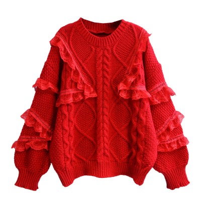 Chic Irregular Pattern Lace Decor Round Collar Sweater