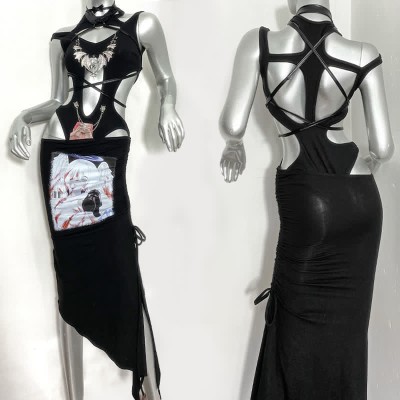 Gothic Anime Print Hollow Out Bodysuit Split Skirt Two Pieces Set