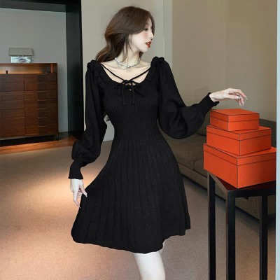 Lace Up Ruffled Pure Color Knit Sweater Dress