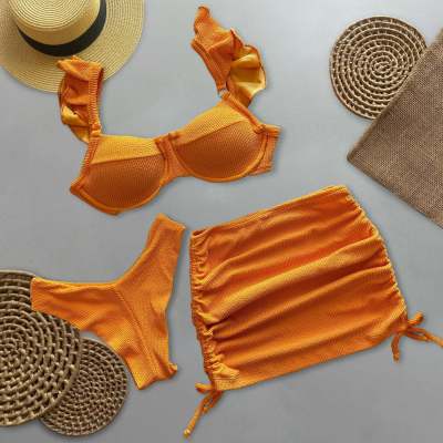 Fashion solid color fungus bikini three-piece set