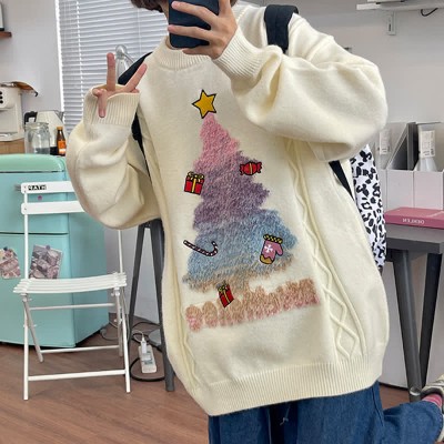 Christmas Tree Letter Print Round Collar Knit Sweater
