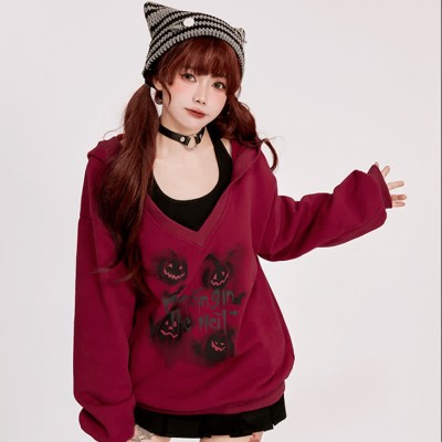 Devil Wings Letter Print Hoodie Cami Top Two Pieces Set