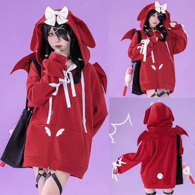 Devil Lace Up Bowknot Zipper Bunny Ears Hooded Sweatshirt
