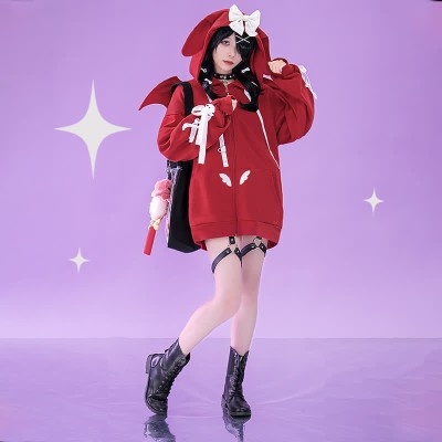 Devil Lace Up Bowknot Zipper Bunny Ears Hooded Sweatshirt