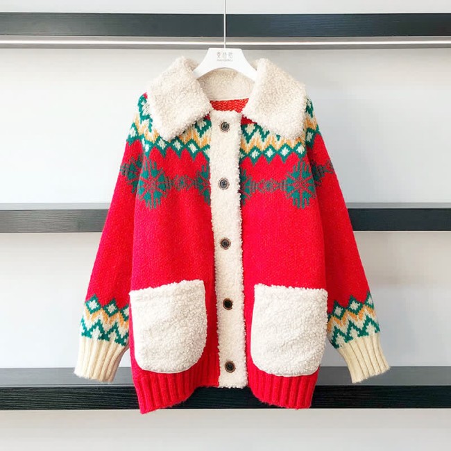 Colorblock Snowflake Print Plush Pocket Sweater Cardigan