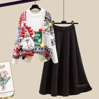 Christmas Colorblock Sweater High Waist Knit Skirt