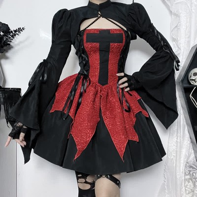 Gothic Cross Lace up Irregular Stitching Slip Dress