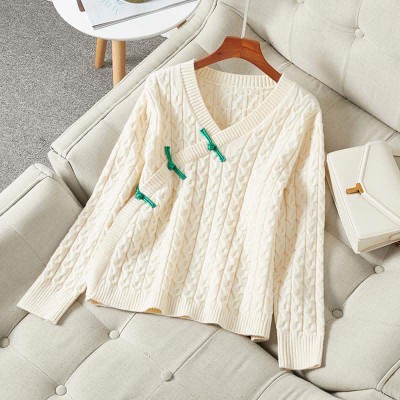 Vintage V-neck Cross Button Textured Sweater
