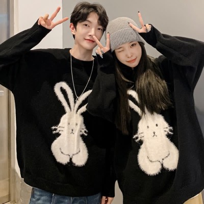 Cartoon Bunny Print Round Collar Loose Sweater