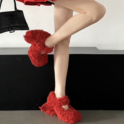 Round Toe Chunky Plush Mary Janes Shoes
