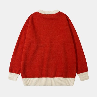 Christmas Tree Print Colorblock Round Collar Knit Sweater