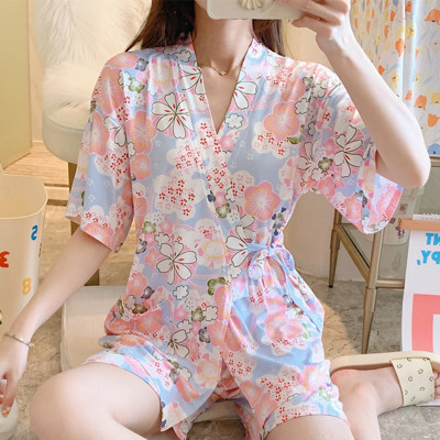 Floral Print Kimono Lace Up Pajamas Set