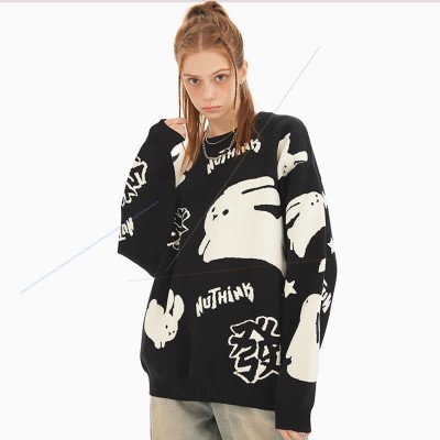 Cartoon Rabbit Letter Print Round Collar Loose Sweater