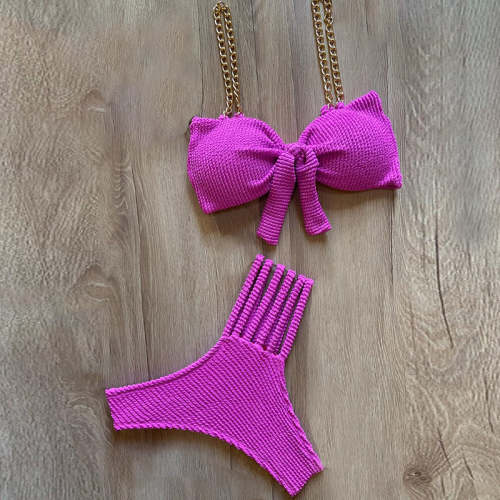 Fashion Solid Color Bow Chain Split Bikini