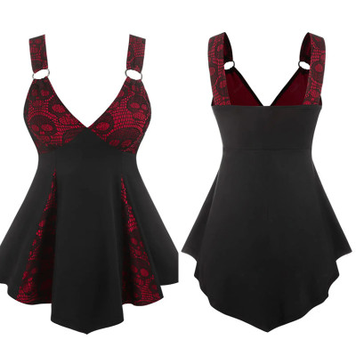 Skeleton Print V-neck Lace Irregular Dress