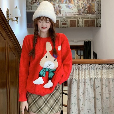Cute Bunny Letter Print Round Collar Red Knit Sweater