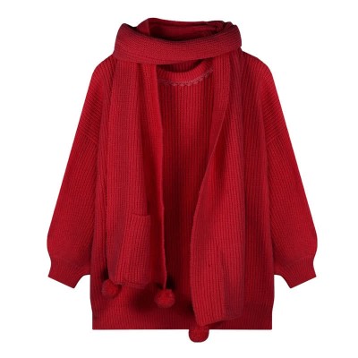 Pure Color Round Collar Knit Sweater With Scarf