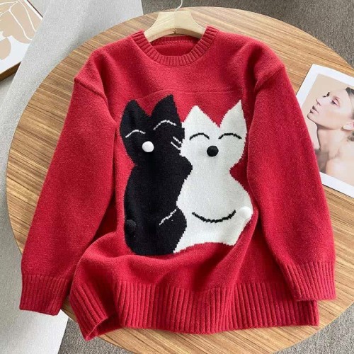 Cute Cartoon Kitty Print Colorblock Round Collar Sweater