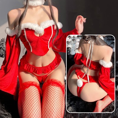 Off The Shoulder Christmas Lingerie Stockings Set