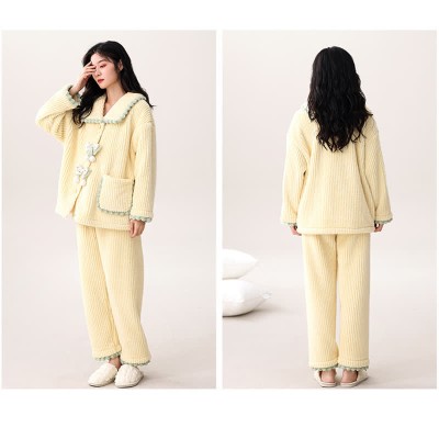 Vintage Buckle Pocketed Lapel Plush Pajamas Set