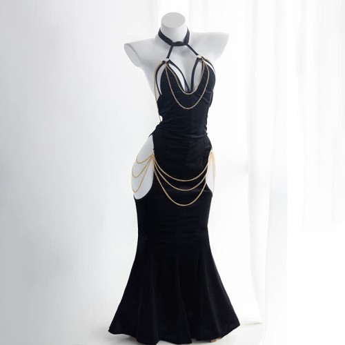 Sexy Halter Hollow Out Backless Chain Fishtail Dress