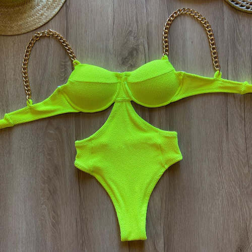 Fashion Sexy Chain Solid Color Strapless One-Piece Bikini