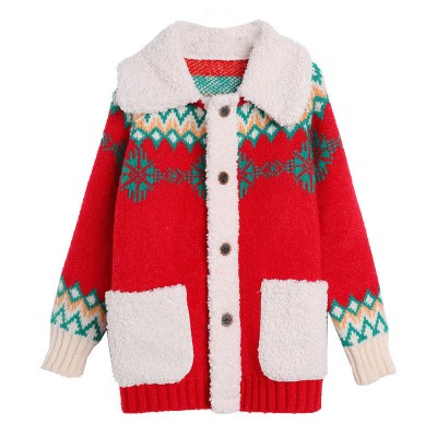 Colorblock Snowflake Print Plush Pocket Sweater Cardigan