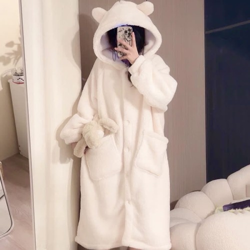 【50% OFF】Cartoon Bear Ears Plush Hooded Pajamas Dress