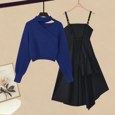 Oblique Pure Color Sweater Lace Up Irregular Slip Dress