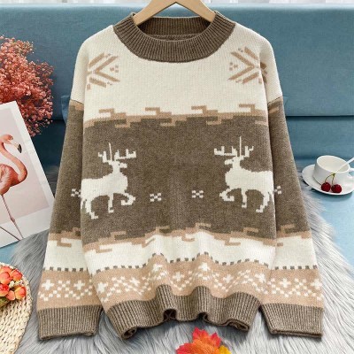 Christmas Reindeer Pattern Colorblock Round Collar Sweater